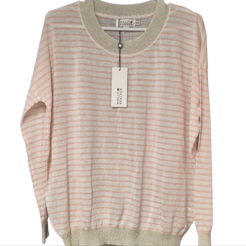 New Molly Bracken Striped Sheer Sweater Women's XS/S Pink Cream Metallic Trim